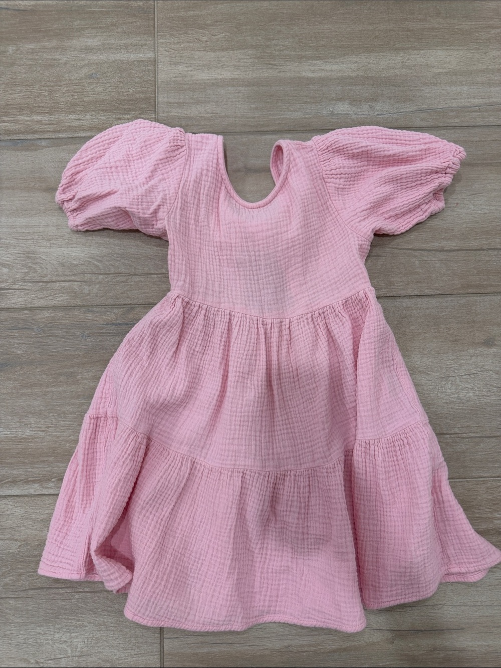 Girls Pink Puff-Sleeve Tiered Dress - Soft Gauze Cotton